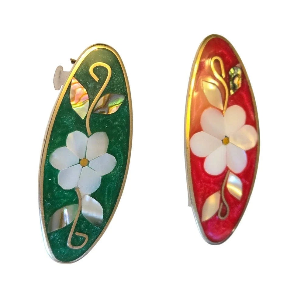 Vintage Mother‎ of Pearl Floral Hair Barrettes Red Green Abalone Set 2